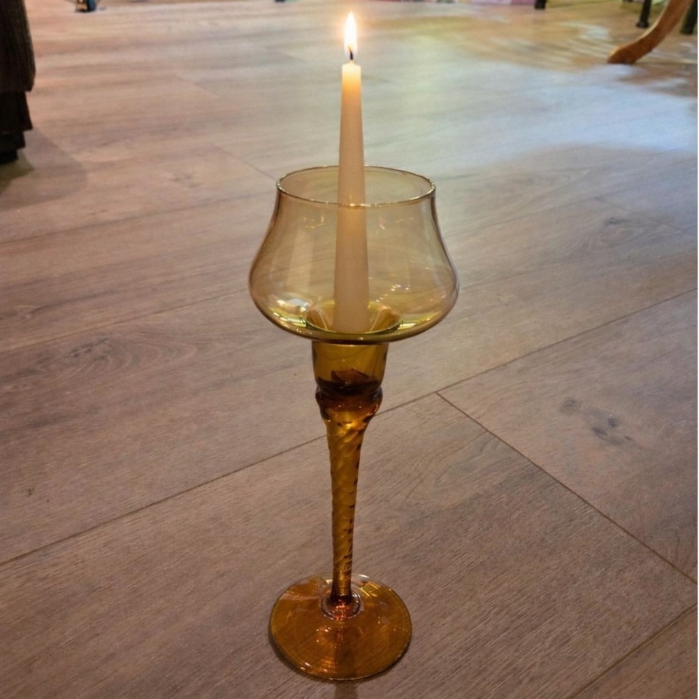 Empoli MCM Amber Glass Tall Candlestick Holder Twisted Stem Swirl Design